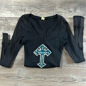 Cross themed distressed long sleeve shirt